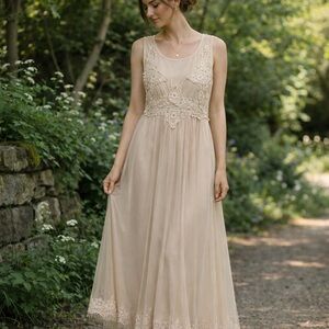 All About Lila Lace Mesh Midi Dress Cream Boho Romantic Sheer Overlay